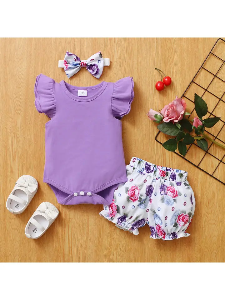 Baby Girl Romper + Floral Short Set w/ Bow