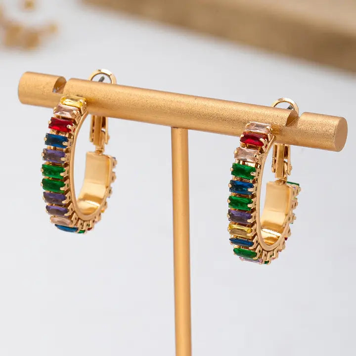 Multicolor Baguette Crystal Hoop Earrings