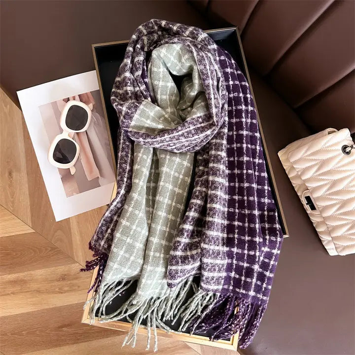 Color Block Plaid Tassel Scarf