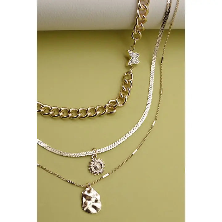 Gold Butterfly Flower Charm Multilayer Necklace