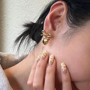 Gold Bow + Heart Earrings
