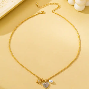 Gold Celestial Heart & Pearl Charm Necklace