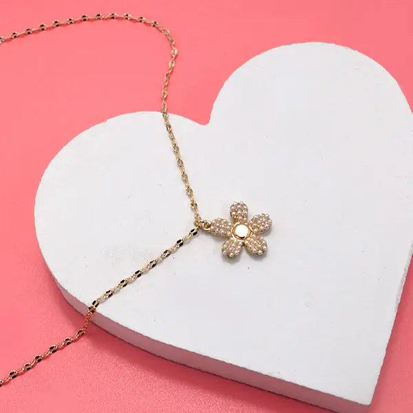 Gold Pearl Flower Charm Necklace