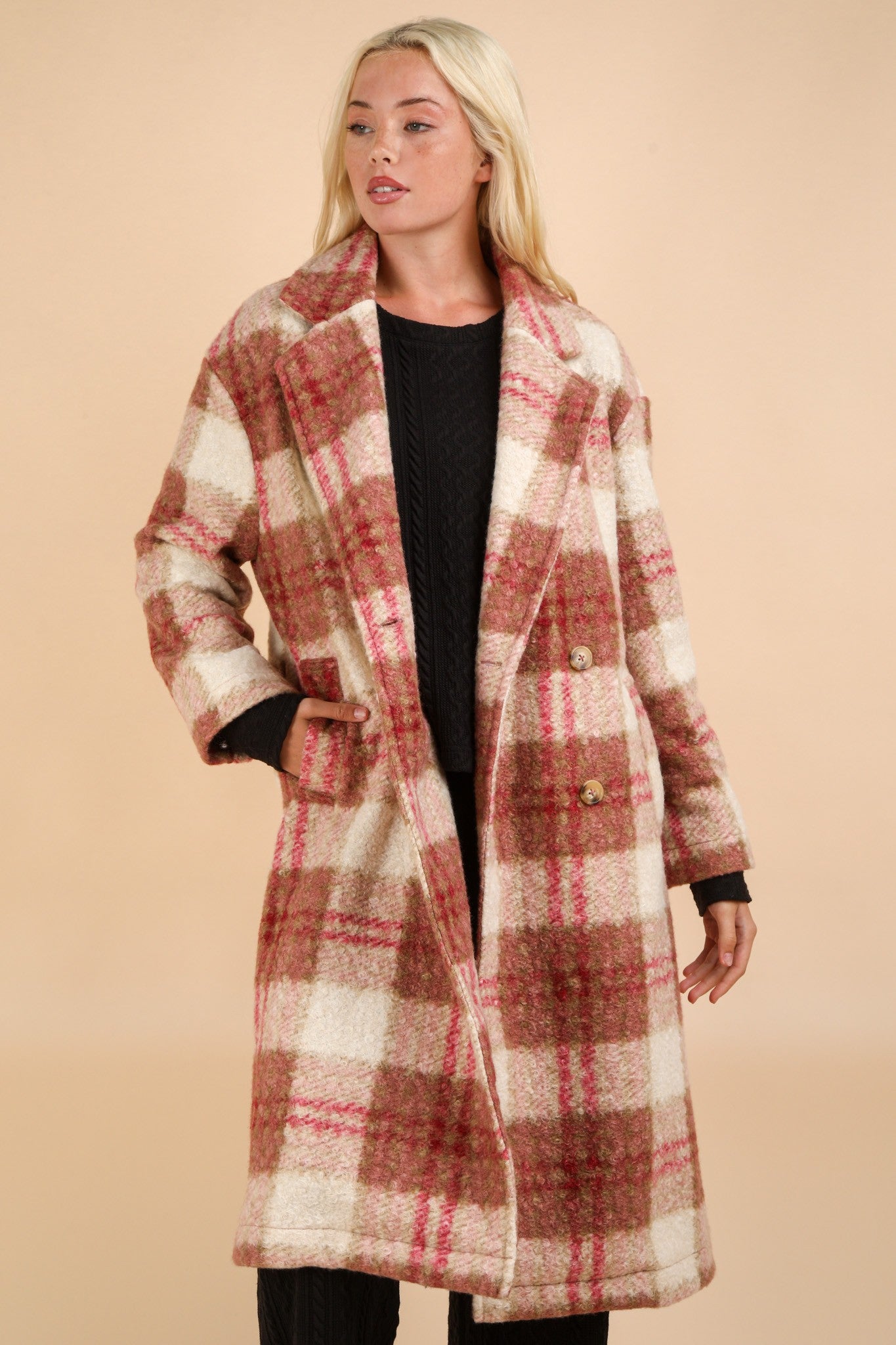 Plus Rose Mix Plaid Button Down Coat