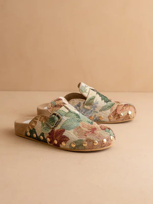 Floral Tapestry Studded Buckle Clog