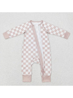 Infant Khaki Checkered Long Sleeve Zip Sleeper